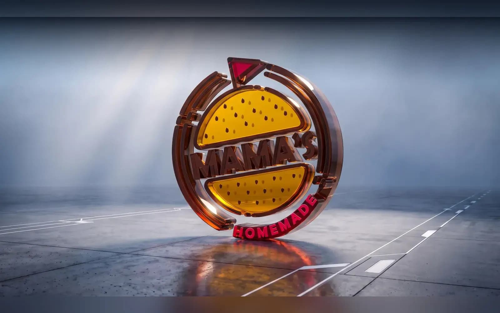 Mama’s Burger 3D logo sahnesi; şube açılış filmleri, kampanya videoları işi
