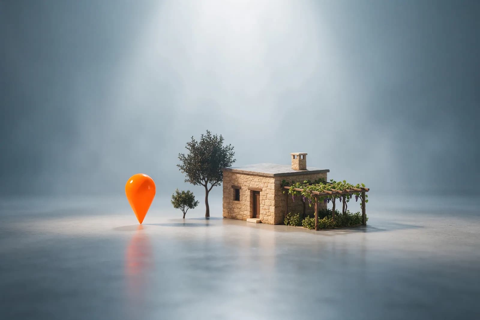 Meram reklam ajansı: turuncu konum iğnesi ve bağ evi maketi, 3D görsel